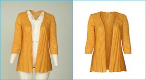 Before-after example of ghost mannequin for women clothing yellow-cardigan.