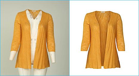 Before-after example of ghost mannequin for women clothing yellow-cardigan.