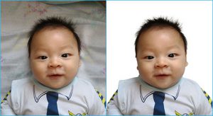 Applied image masking technique in Photoshop to remove background from a baby-with-hair image with a fur edge.