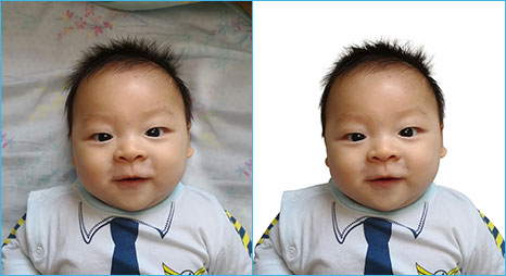 Applied image masking technique in Photoshop to remove background from a baby-with-hair image with a fur edge.